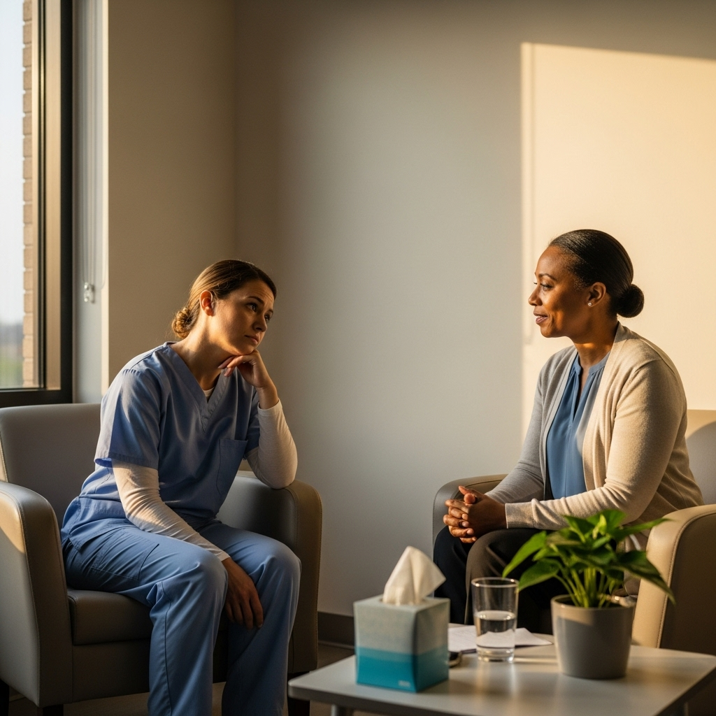 Healthcare worker receiving mental health support after COVID-19, counseling session in quiet hospital room, showing emotional recovery and professional care, warm lighting creating supportive atmosphere, no text