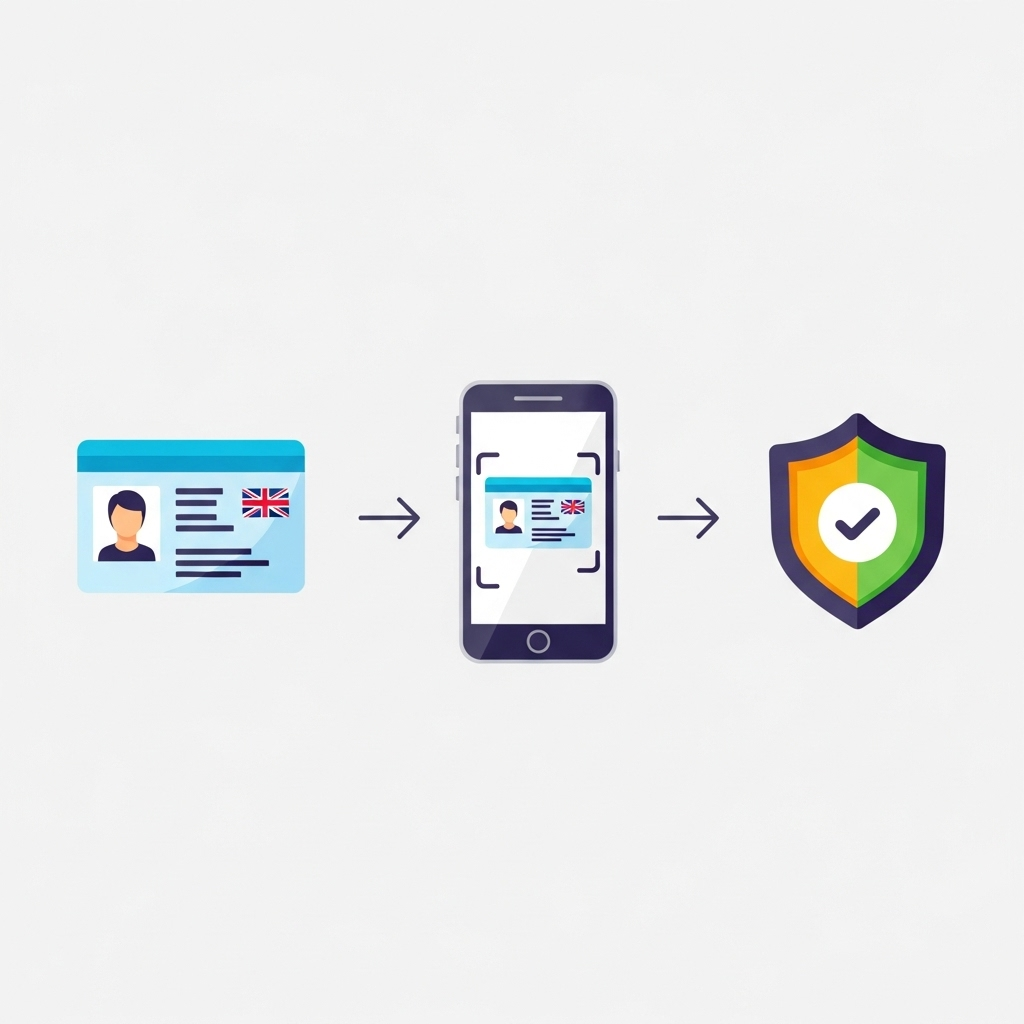 clean infographic showing digital age verification process for adult websites in the UK, featuring icons of ID, smartphone, and security shield, bright lighting, no text
