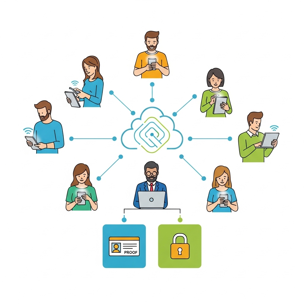 infographic showing people verifying their age through devices, icons of ID and lock, clean modern style, no text
