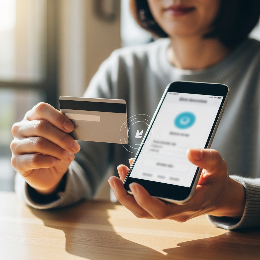 realistic image showing a Korean adult holding a credit card and smartphone for digital verification, lifestyle photography, soft lighting, no text