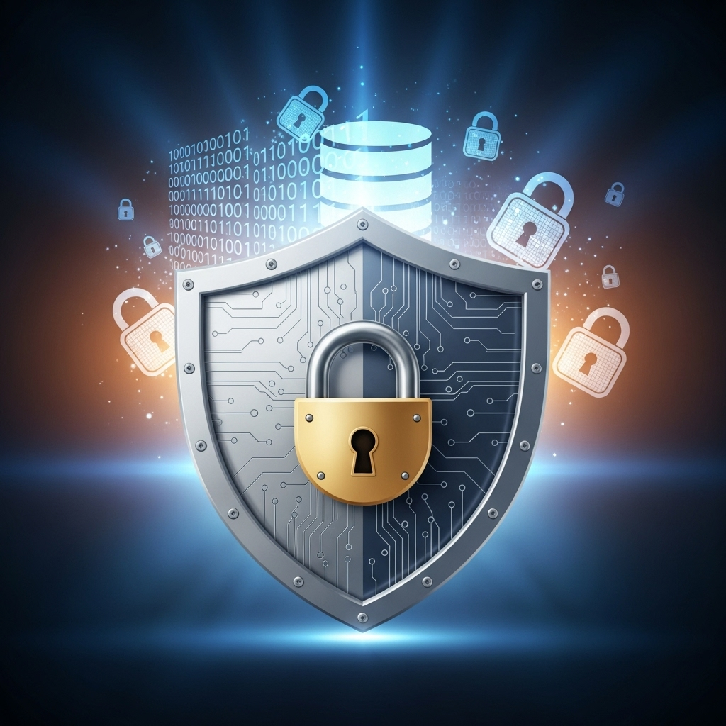 infographic style image showing shield protecting digital data with lock, glowing secure atmosphere, no text
