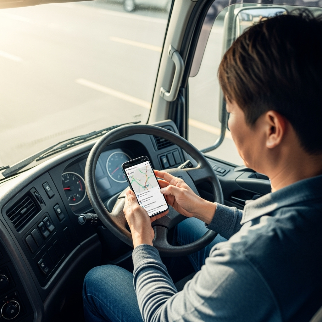 lifestyle photo of Korean truck driver using smartphone app to find delivery jobs, truck cabin interior, daylight, no text