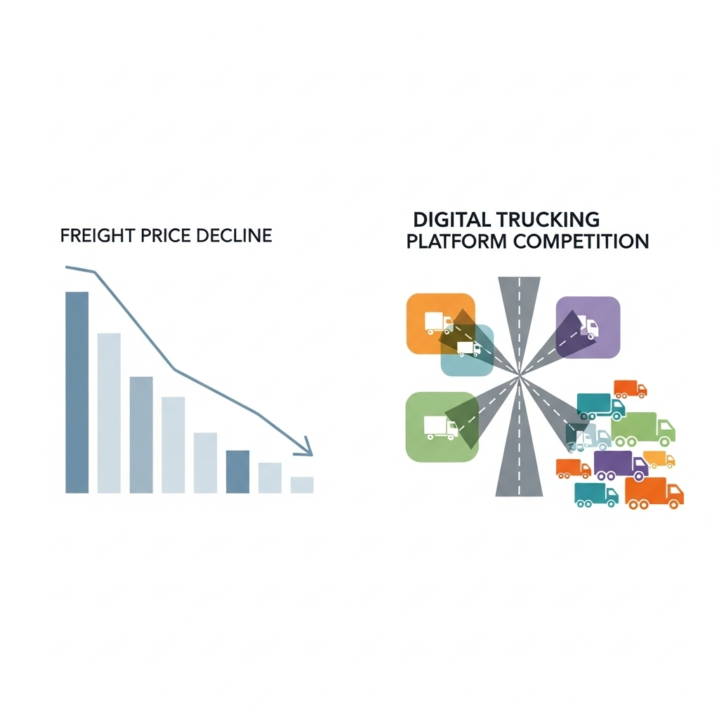 clean infographic showing freight price decline and competition between digital trucking platforms, minimalist design, no text