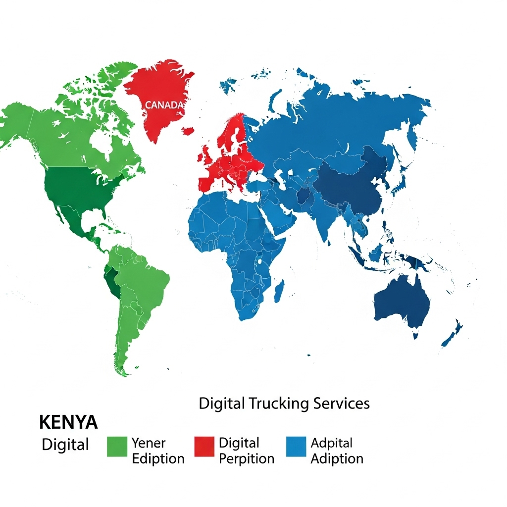 infographic map showing global spread of digital trucking services in Kenya, Canada, and Asia, colorful data map, no text