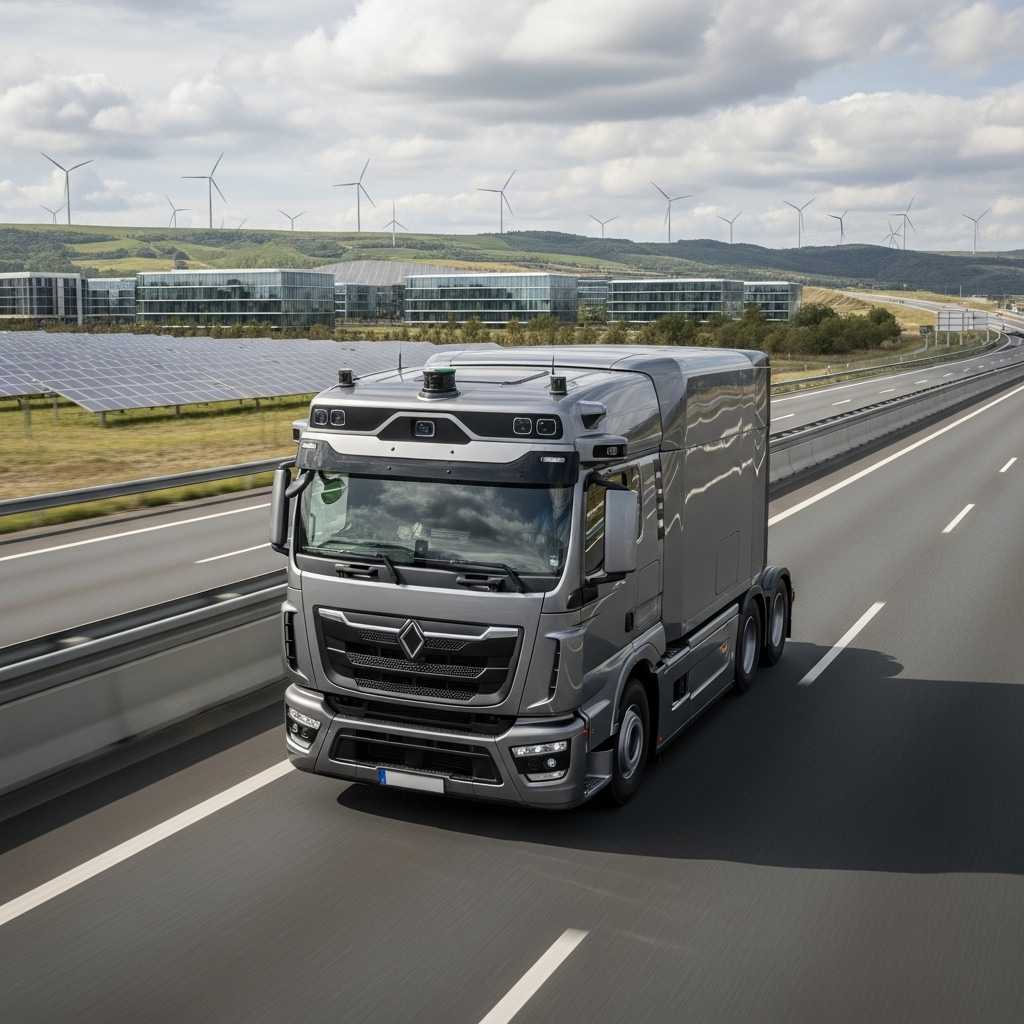 realistic photo of autonomous truck on highway, sensors visible, modern landscape background, no text