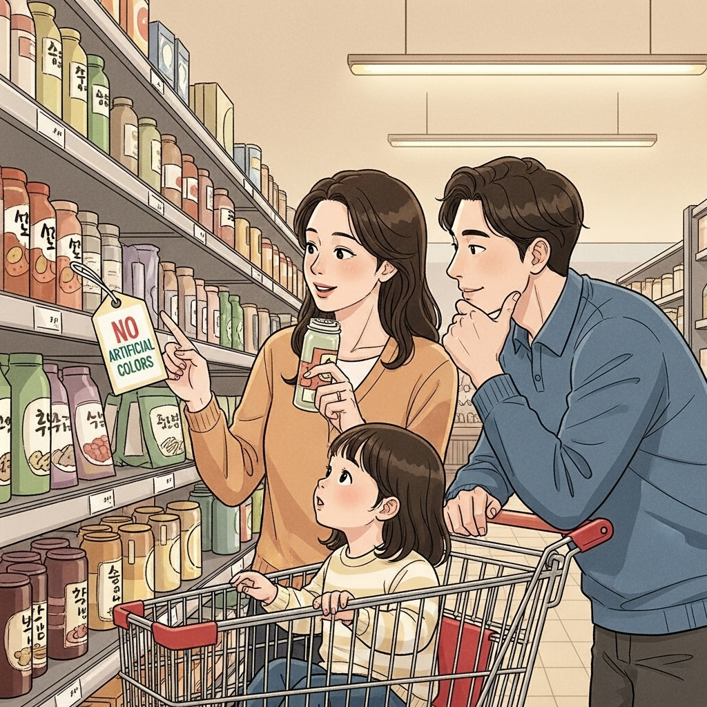 Illustration of parents examining food labels in a supermarket aisle, emphasizing “no artificial colors” tags. Warm lighting, Korean family setting, no text.