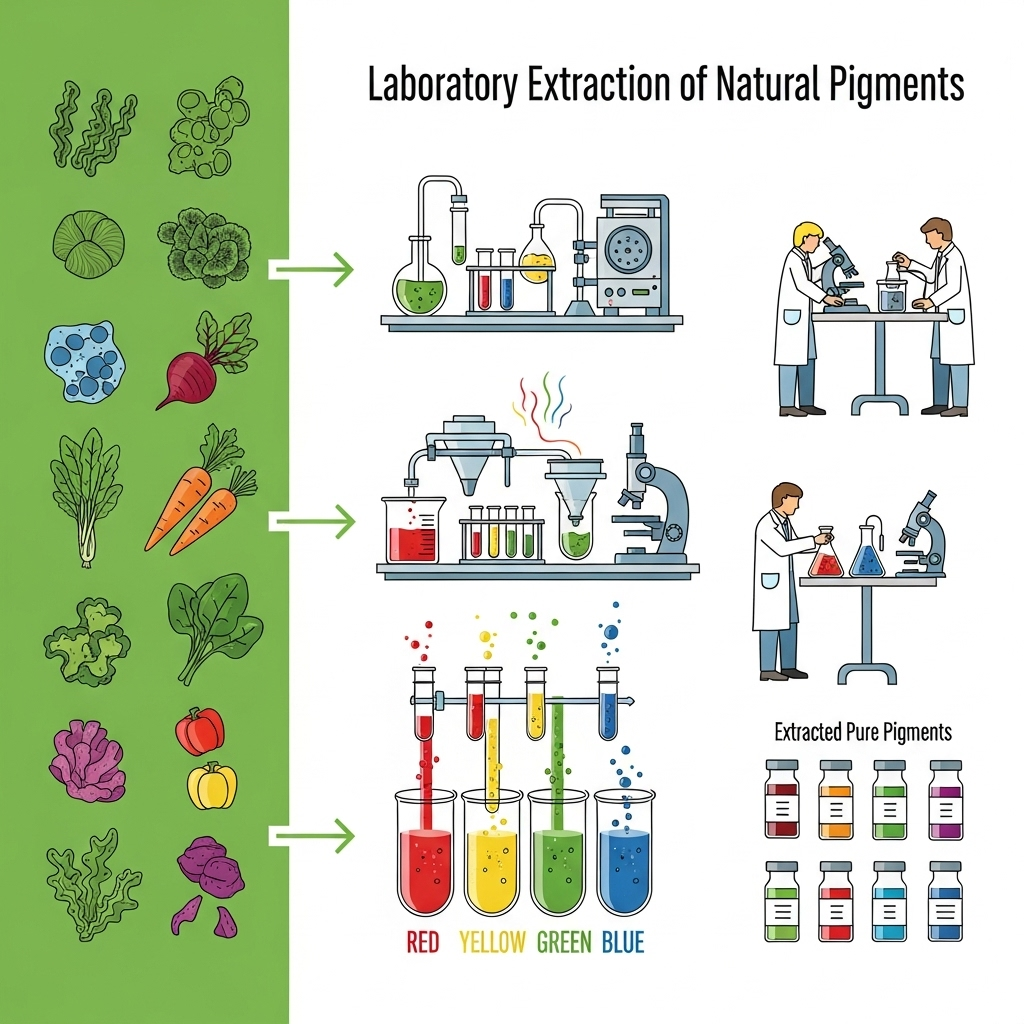Clean infographic showing laboratory extraction of natural pigments from algae and vegetables, with scientists analyzing color samples. No text.