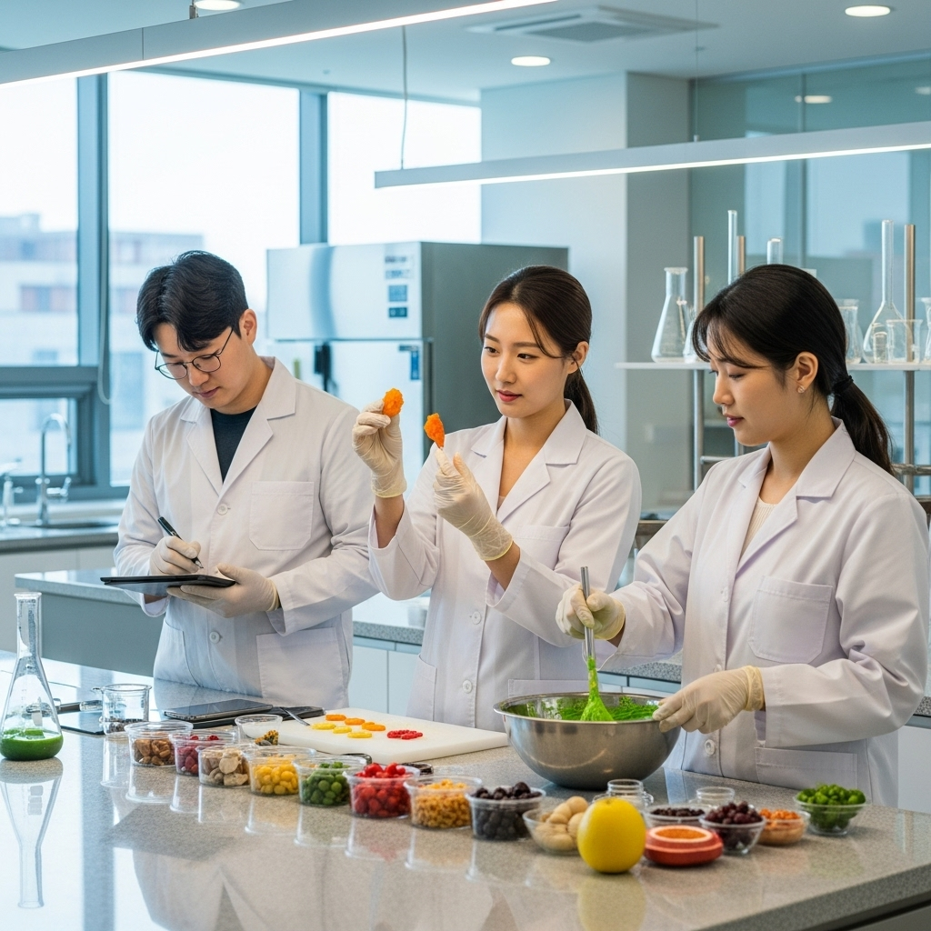Korean food engineers developing brightly colored natural snacks in a modern R&D kitchen, realistic style, natural light, no text.