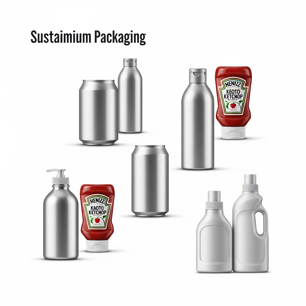 A clean infographic showing various aluminum packaging products beyond traditional beverage cans. Include items like shampoo bottles, ketchup containers, and cleaning product bottles, all made of aluminum. The style should be modern and informative, with a focus on sustainability and innovation. No text in image. Clean infographic style.