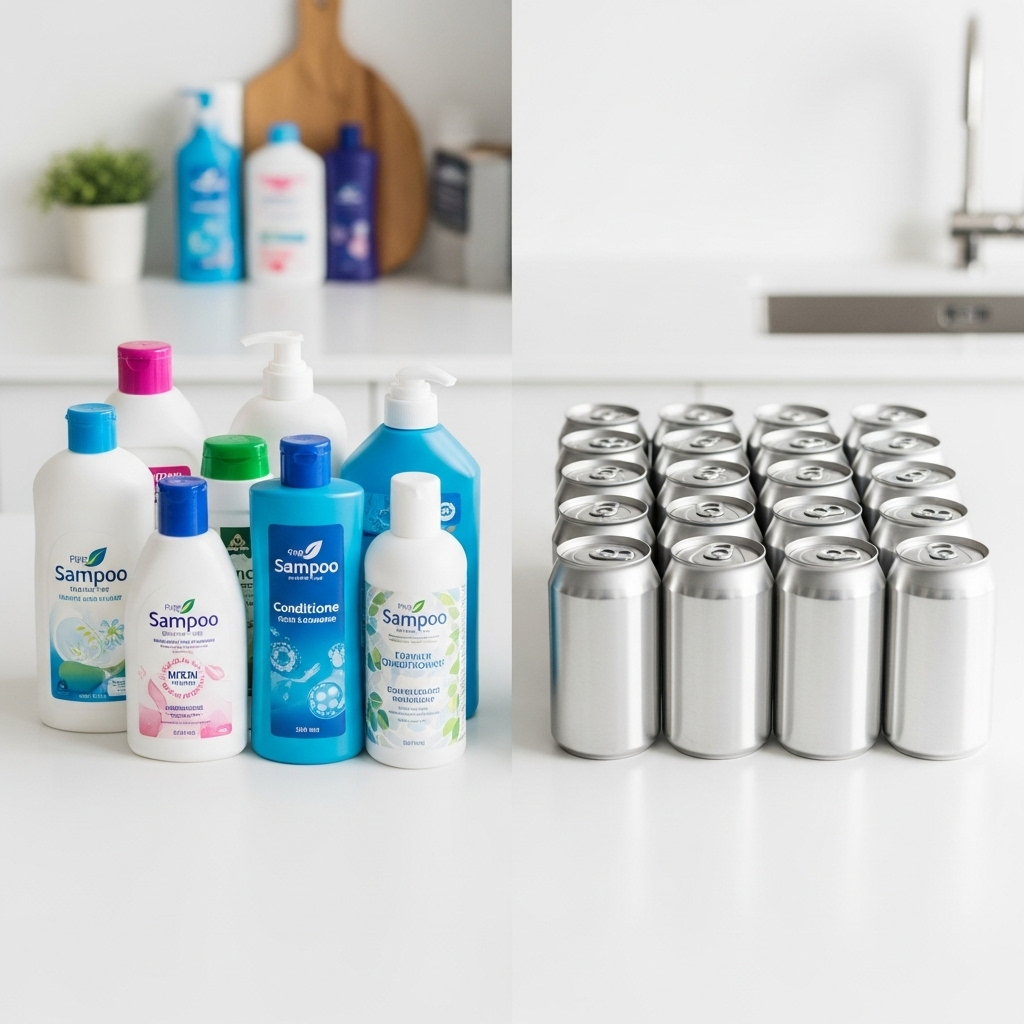 A vivid image depicting a modern kitchen or bathroom setting. On one side, various plastic bottles (shampoo, cleaning products) are shown. On the other side, sleek aluminum cans of similar products are neatly arranged, symbolizing a shift towards sustainable packaging. Focus on clean design and the idea of replacement. Lifestyle photography style. No text.