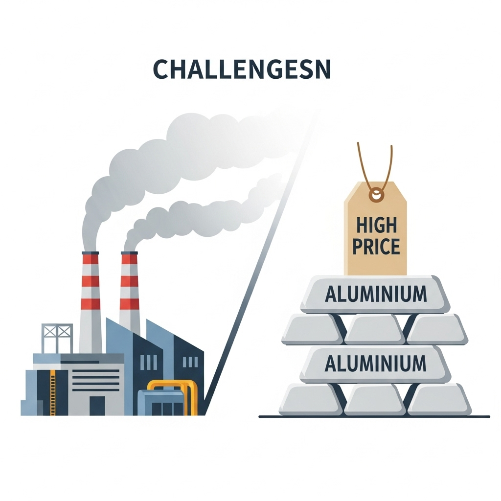An infographic or illustrative scene showing the challenges of aluminum packaging. On one side, a factory with smoke coming out, symbolizing energy-intensive production. On the other side, stacked aluminum ingots with a high price tag, representing the cost factor. The overall mood should be analytical and problem-oriented. Clean infographic style. No text.