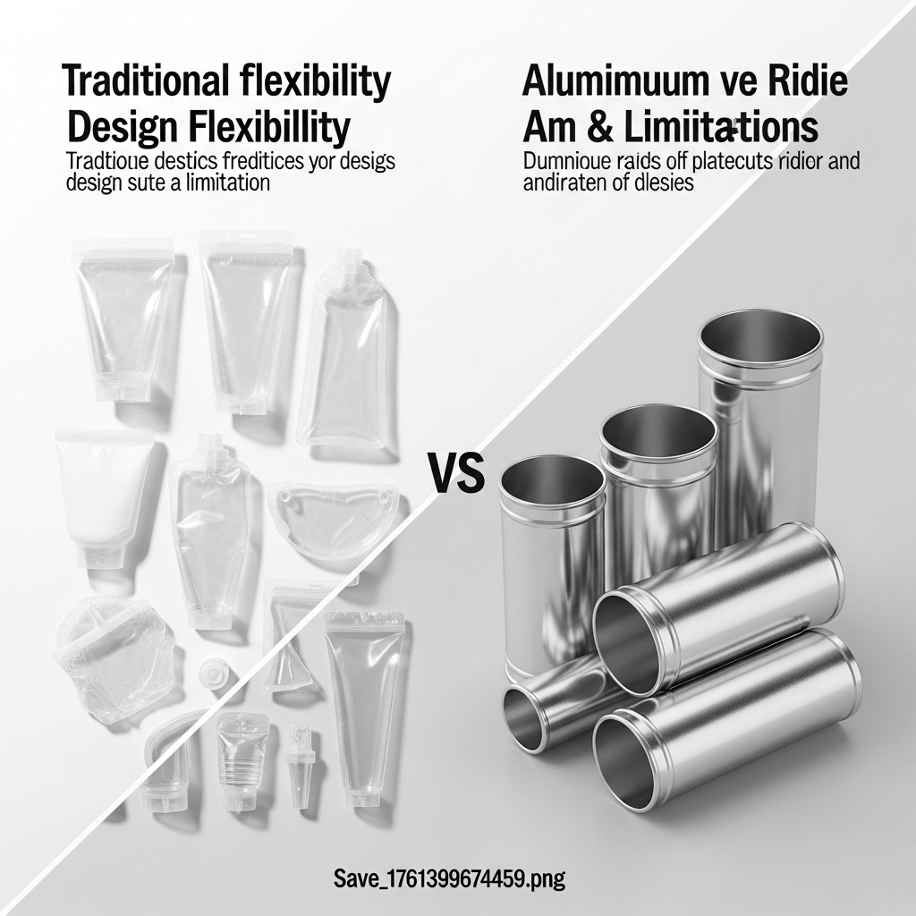 A split image or comparison illustration showing traditional plastic packaging with various shapes, transparency, and squeezable features on one side. On the other side, aluminum packaging in mostly cylindrical and rigid forms. Emphasize the contrast in design flexibility and consumer interaction, highlighting both advantages and limitations. Clean infographic style. No text.