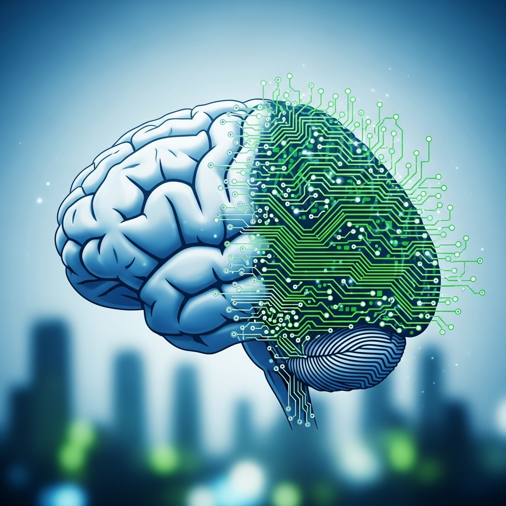 A clean infographic showing a stylized brain merging with digital circuits, representing the integration of AI into human society, with subtle futuristic city lights in the background. Dominant colors: blue, green, white. No text in image.