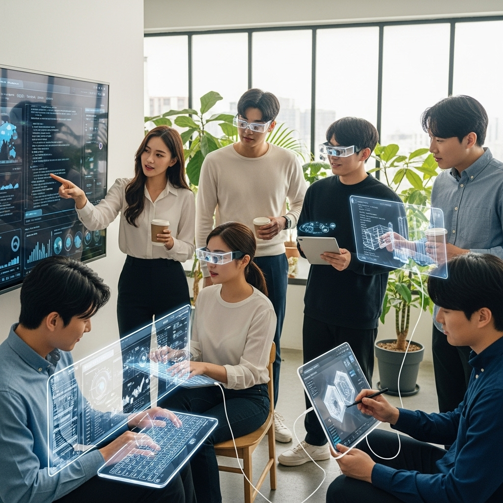 A lifestyle photography image of a diverse group of young Korean professionals collaboratively working in a modern, brightly lit office, using various AI-powered devices like smart screens and holographic interfaces. Focus on innovation and productivity. No text in image.