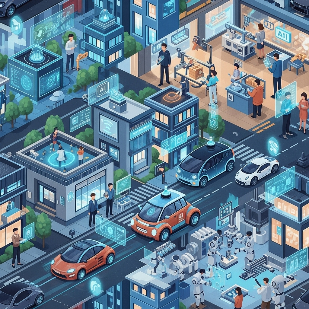 An illustration blending various future scenarios where AI is present: smart homes, autonomous vehicles on city streets, robots assisting in factories, and AI interfaces in daily devices. Dynamic and interconnected. No text in image.