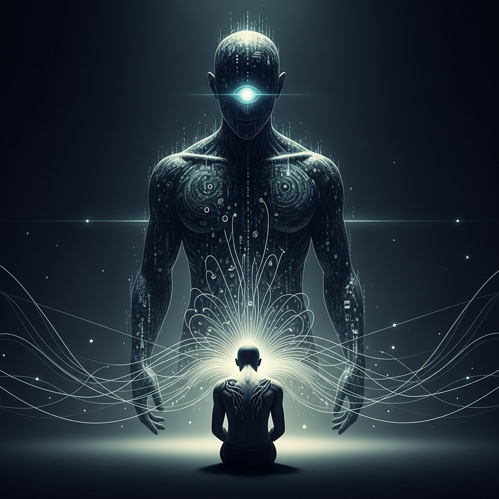 A thought-provoking illustration depicting abstract concepts of AI risks: a shadow figure of an AI overlooking a vulnerable human figure, with subtle elements like data streams and a digital eye. Darker, more reflective tone. No text in image.