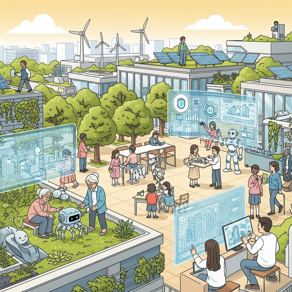 A hopeful illustration showing diverse Korean people interacting harmoniously with friendly, helpful robots and AI interfaces in a green, sustainable futuristic setting. Emphasize collaboration and mutual growth. No text in image.