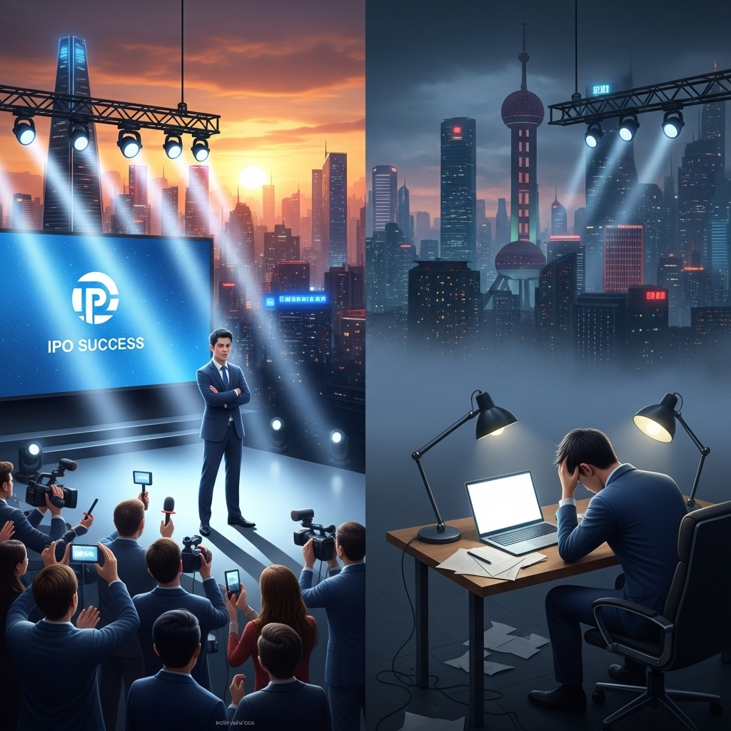 A realistic illustration showing a Chinese tech startup rise and fall, with contrasting scenes of media spotlight and sudden silence, modern city background, no text.