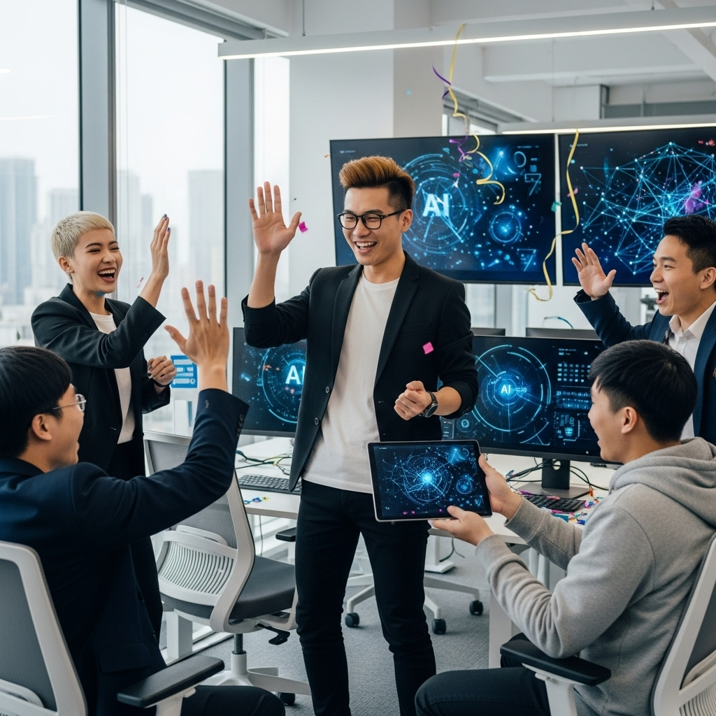 Lifestyle depiction of young Chinese developers celebrating a tech product launch in a modern office, with screens showing AI data visualization, natural lighting, no text.