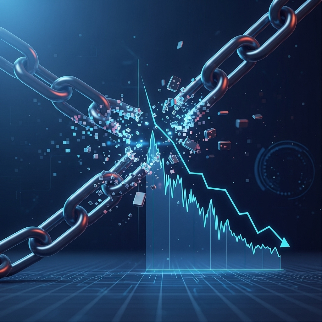 Realistic infographic showing AI trust crisis, broken data chain, and declining graph, cool tone lighting, no text.