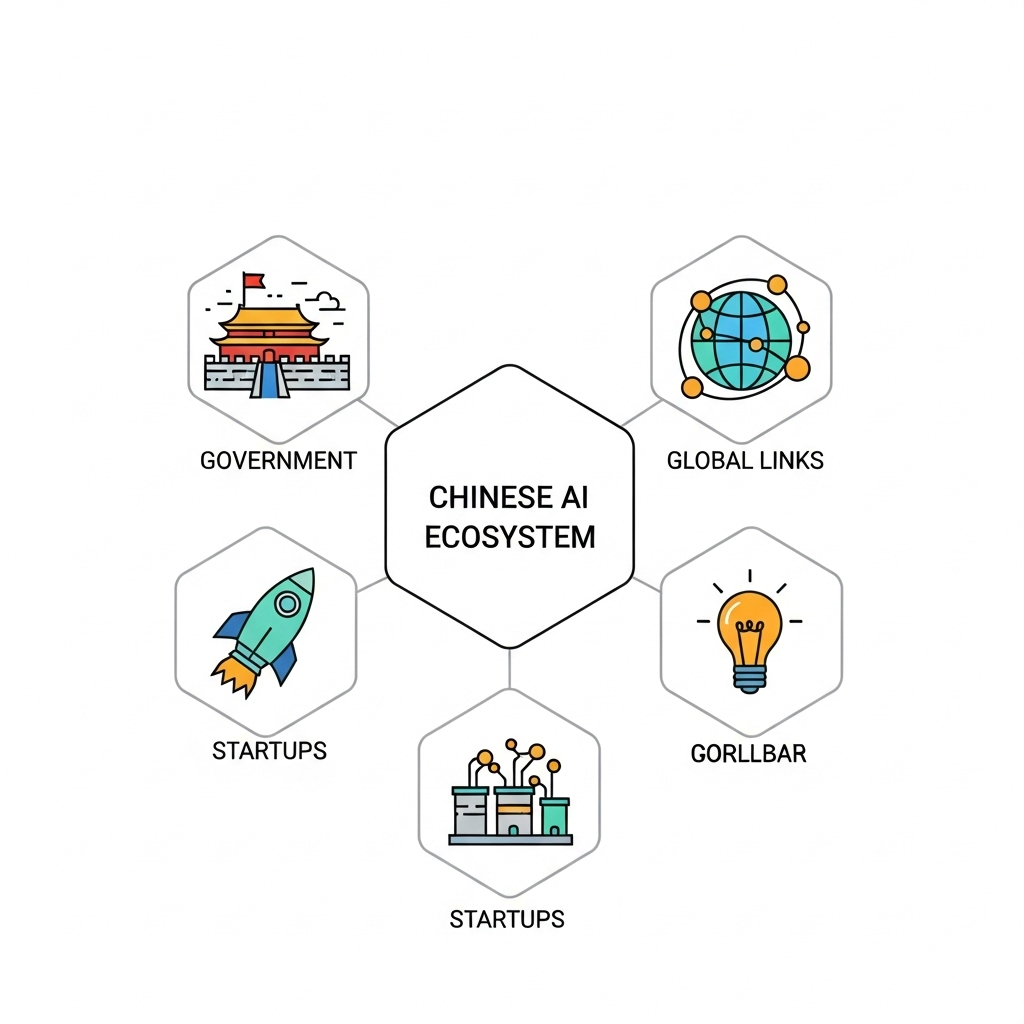 Clean infographic showing Chinese AI ecosystem structure with government, startup, and global link icons, modern flat design, no text.
