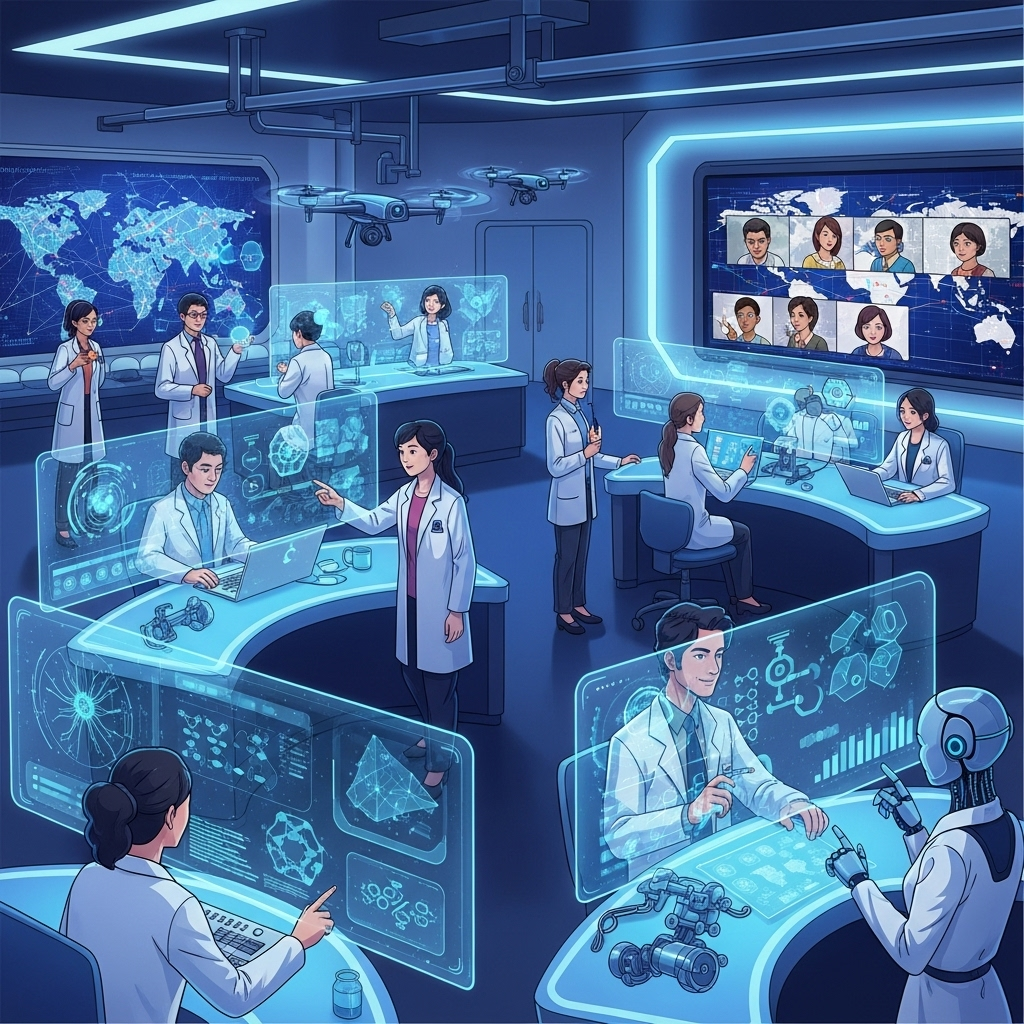 Illustration of future-oriented Chinese AI labs collaborating globally, futuristic atmosphere with scientists and holographic data, no text.