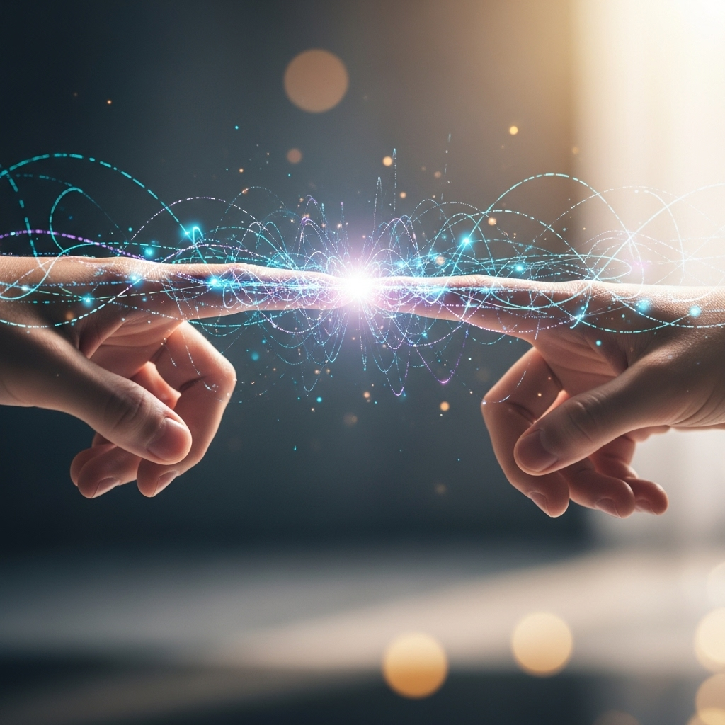 Lifestyle photo of hands connecting digital data lines symbolizing trust in AI technology, soft lighting, no text.