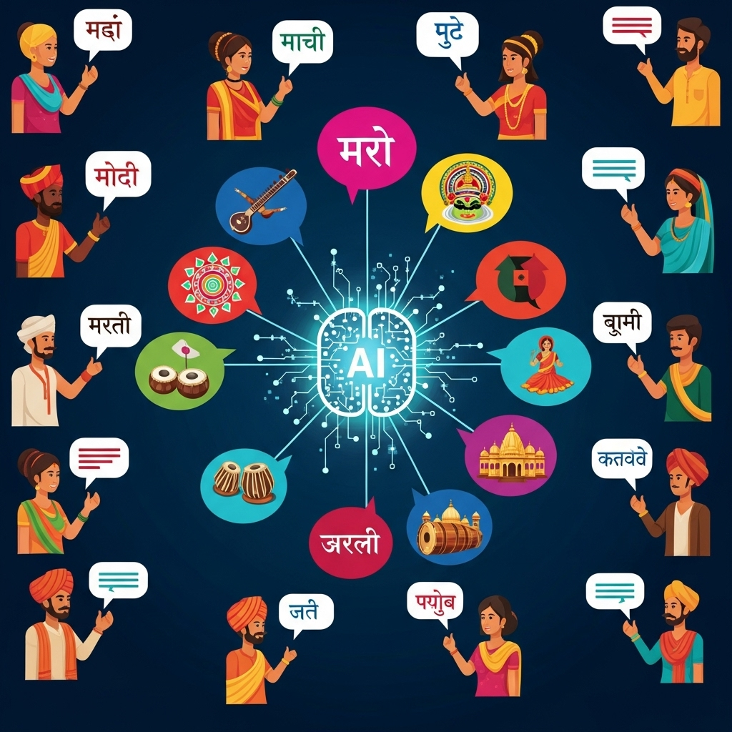 an infographic showing AI connecting 22 Indian languages with speech bubbles and diverse people communicating, bright cultural tones, no text