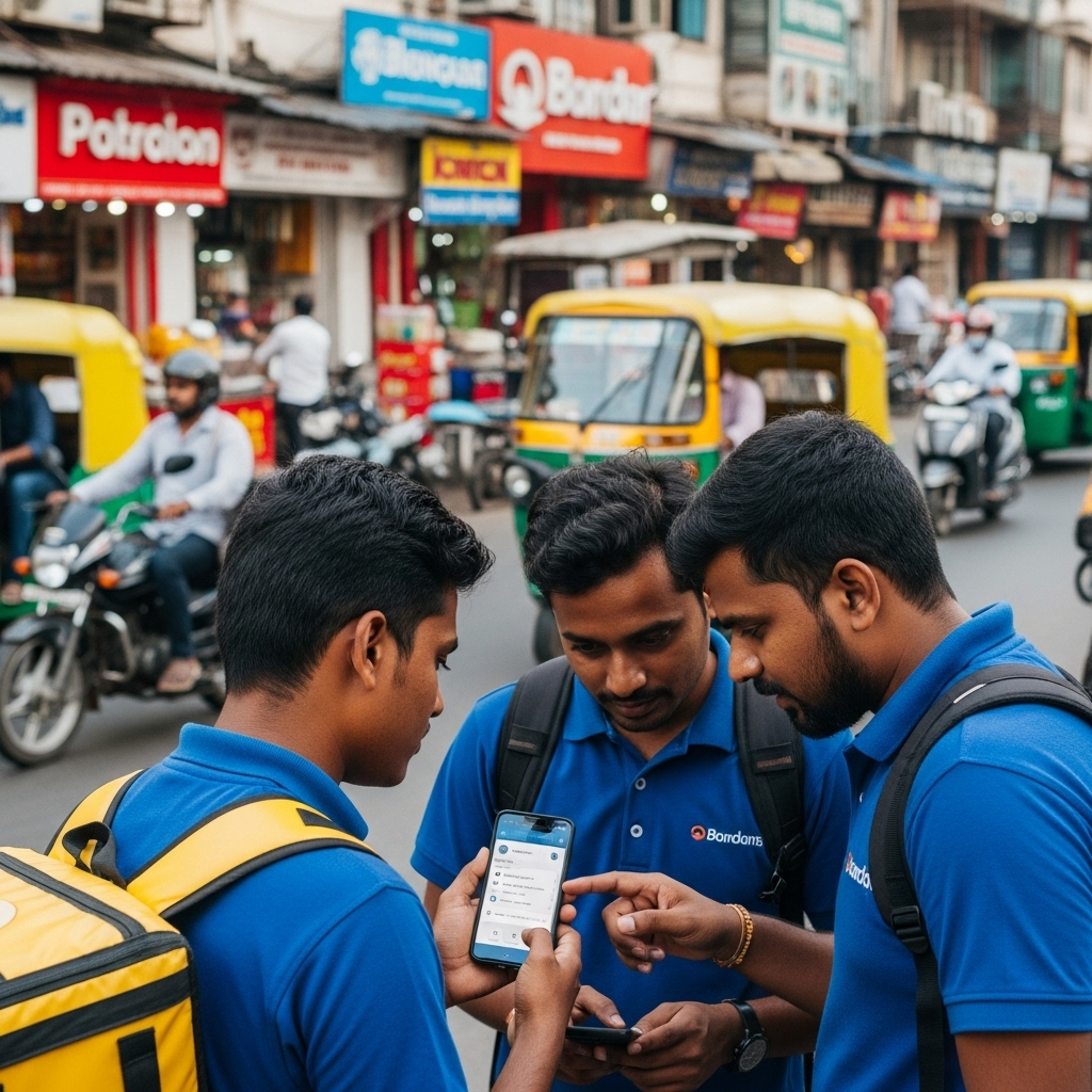 bustling Mumbai street scene with delivery workers using smartphone translation features, natural daylight, lifestyle photo, no text