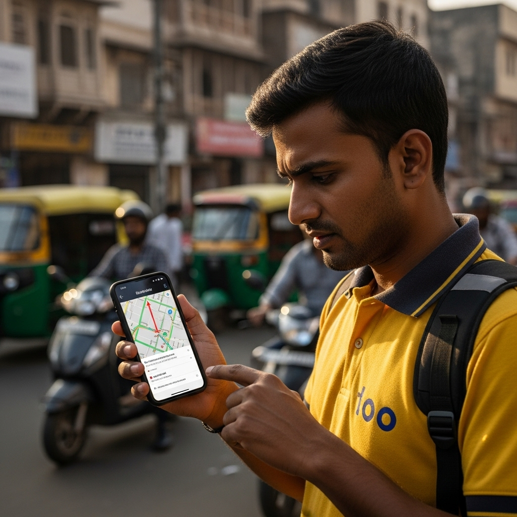 realistic photo of an Indian delivery worker checking translated app instructions on smartphone, soft daylight, no text