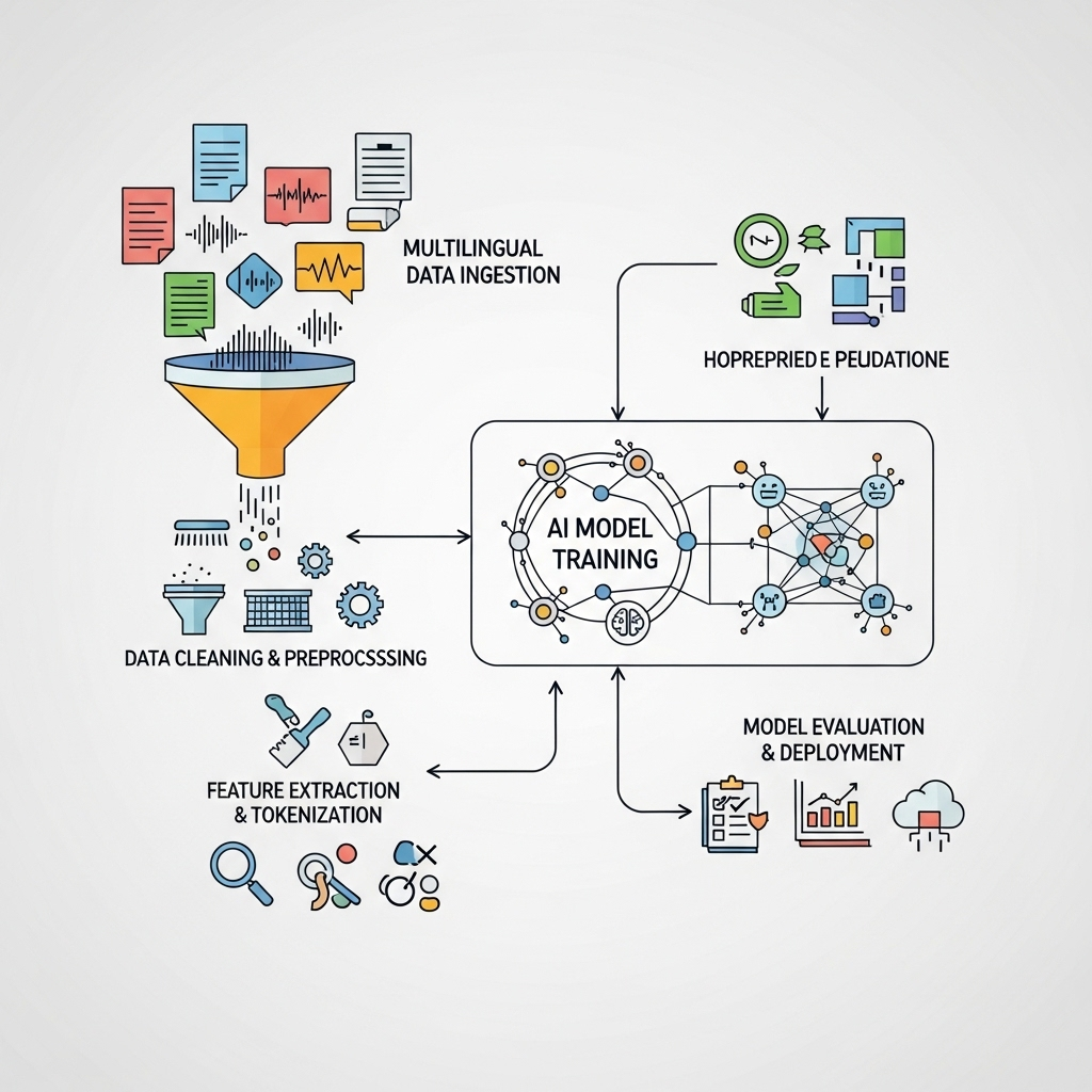 clean data pipeline infographic showing AI training workflow for multilingual models, neutral background, no text