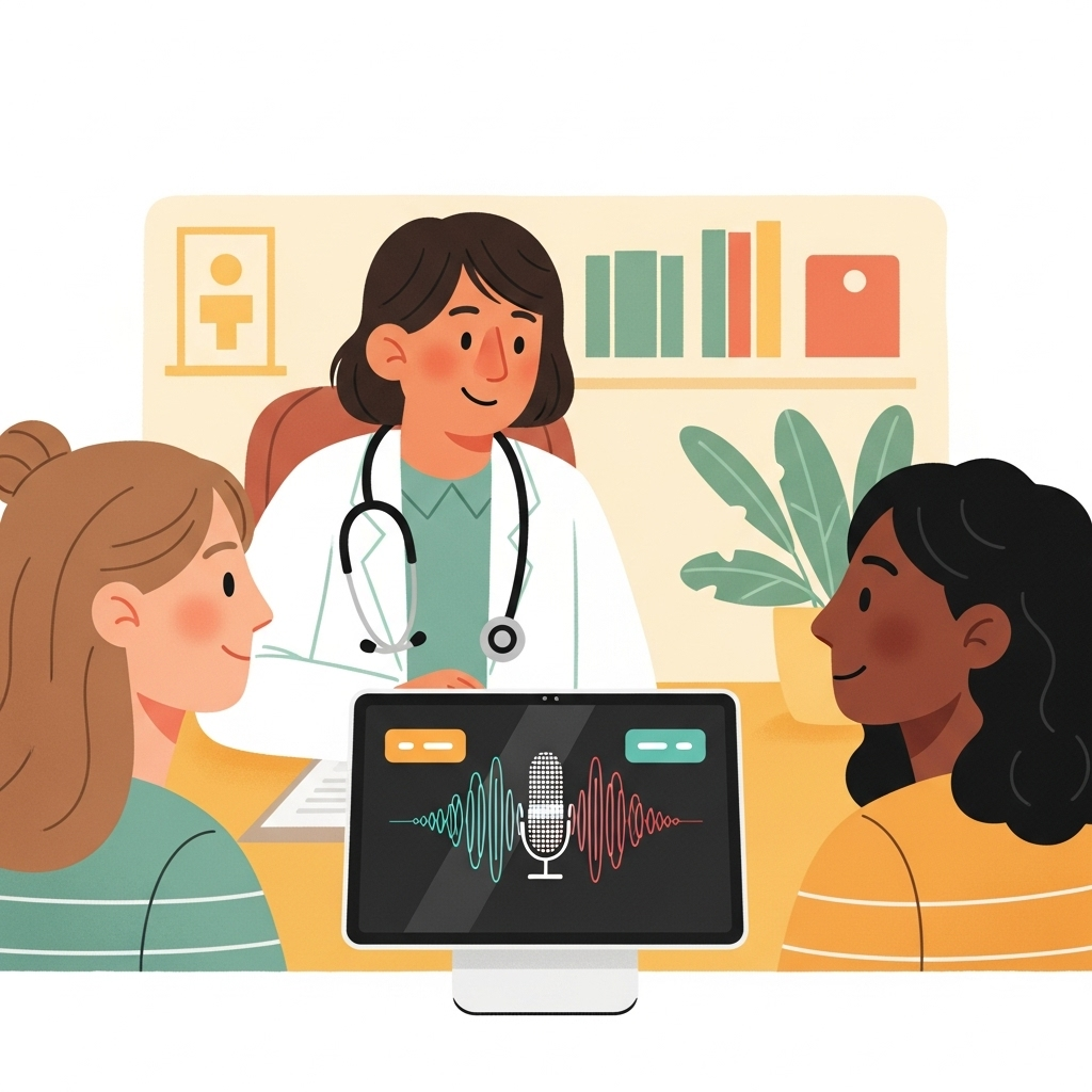 illustration of a doctor and AI assistant helping multilingual patients communicate, warm tone, illustration style, no text