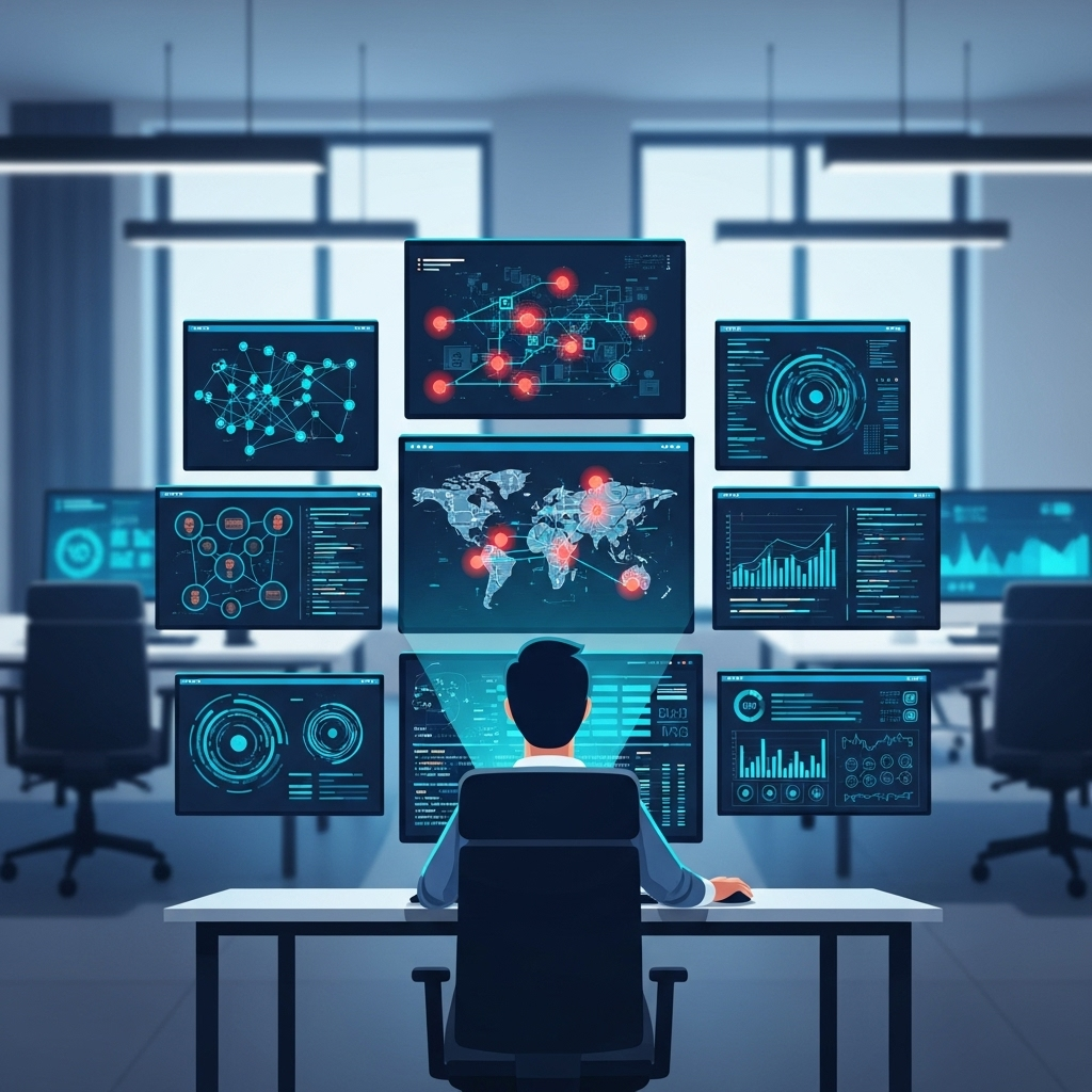 A clean infographic showing a person analyzing cybersecurity threats on multiple computer screens, modern office background, cool tone lighting, no text.