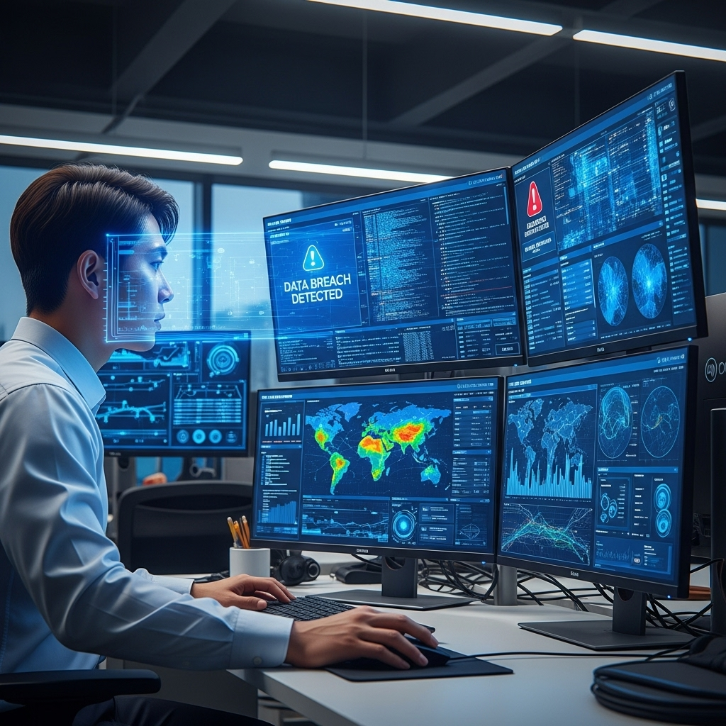 Realistic scene of a cybersecurity expert monitoring multiple screens showing data breaches, blue glow from monitors, Korean office environment, no text.