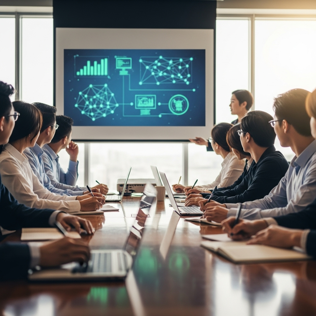 Lifestyle photography of Korean office workers participating in a cybersecurity training session, projector screen with abstract data charts, bright natural light, no text.