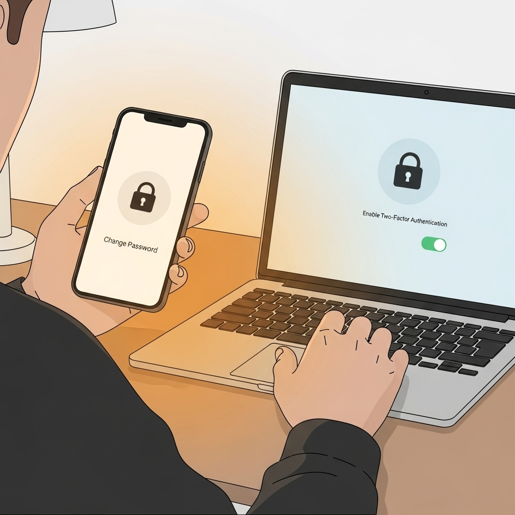 Illustration of a person changing passwords and enabling two-factor authentication on a smartphone and laptop, minimalistic design, warm light, no text.