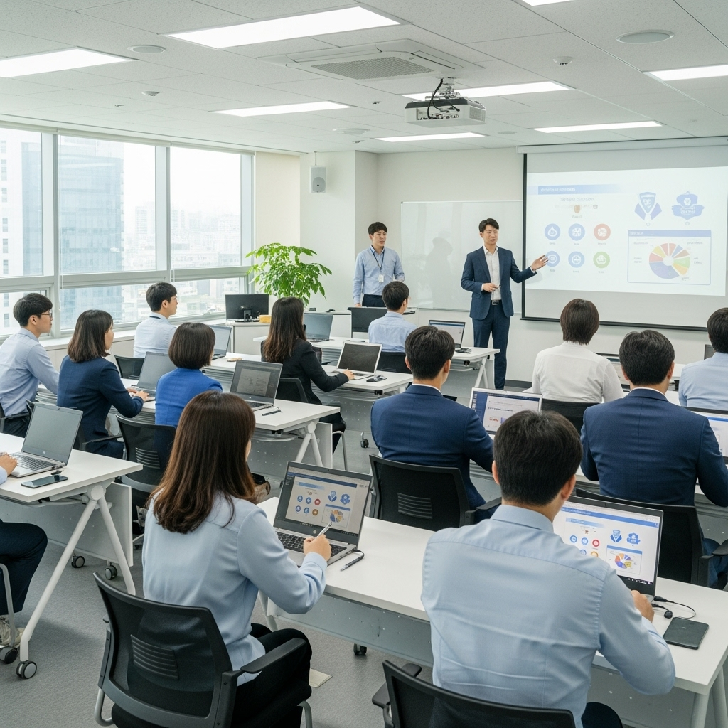 A Korean classroom where employees attend a cybersecurity training, instructor with presentation slides about security, clear daylight setting, no text.