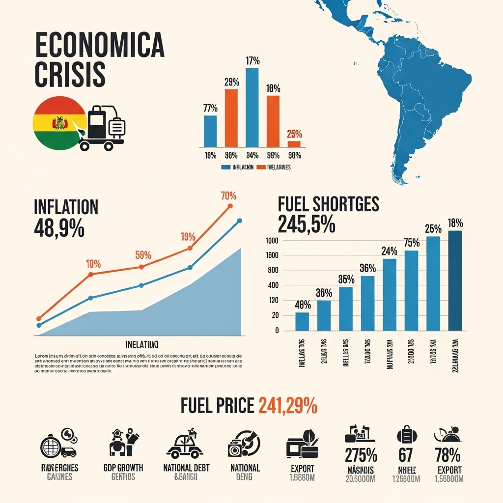 A clean infographic showing Bolivia's economic crisis with charts and statistics, featuring inflation rates, fuel shortages, and economic indicators. Professional layout with South American context, no text in image