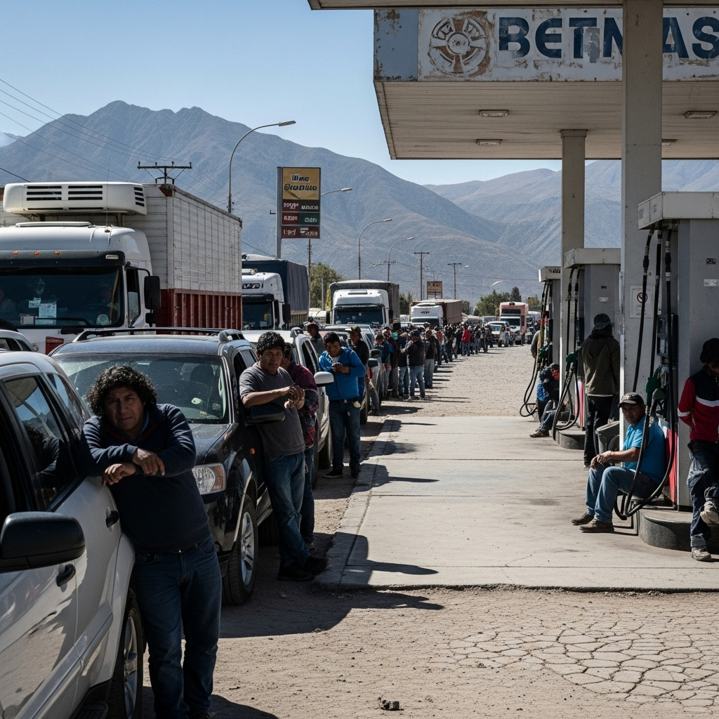 Long queues of trucks and cars waiting at a Bolivian gas station, showing fuel shortage crisis. Realistic scene with Andean mountain backdrop, frustrated drivers, empty fuel pumps, lifestyle photography style, no text