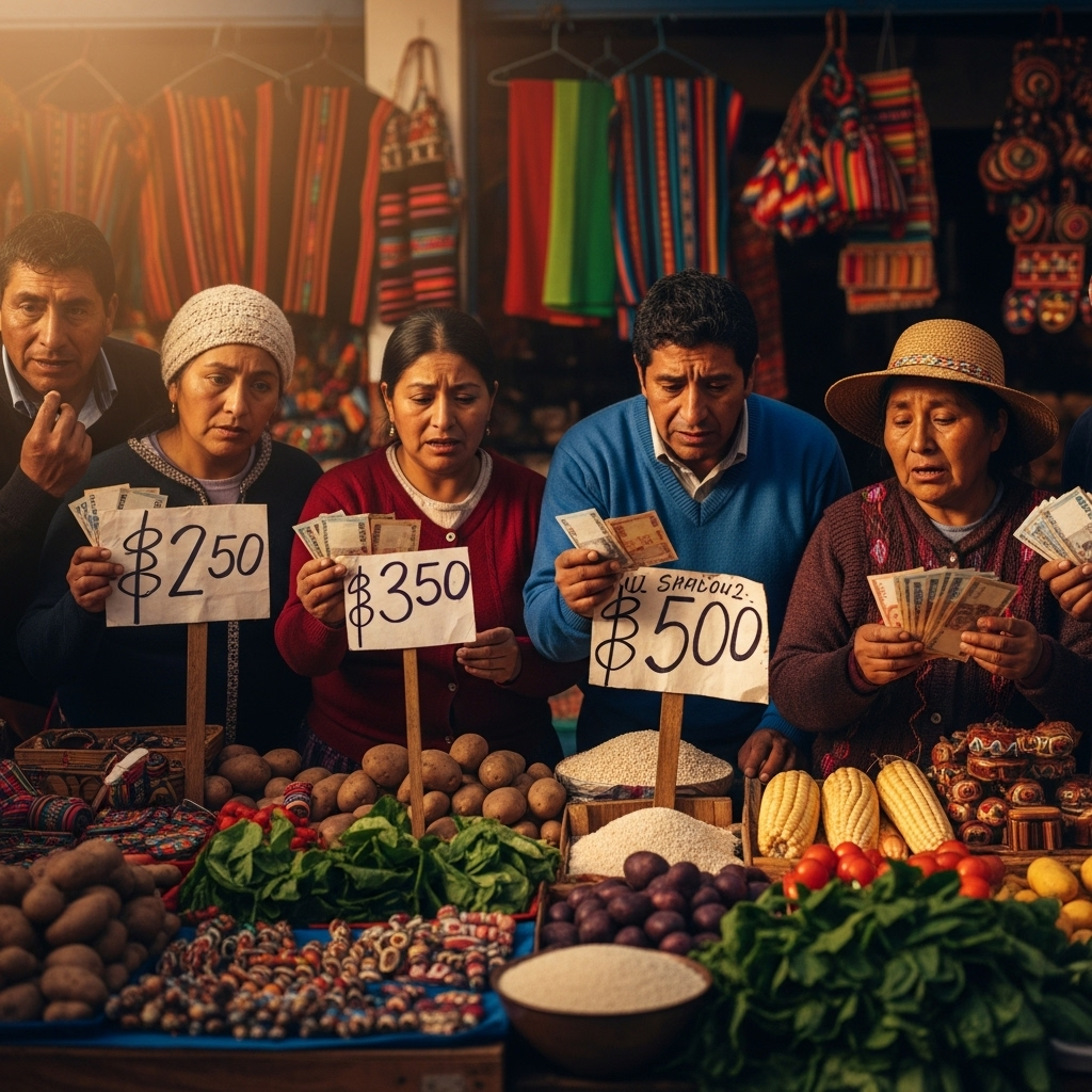 Small business owners in Bolivia struggling with economic crisis, showing worried expressions while looking at rising prices and bills. Market scene with traditional Bolivian setting, realistic photography, no text