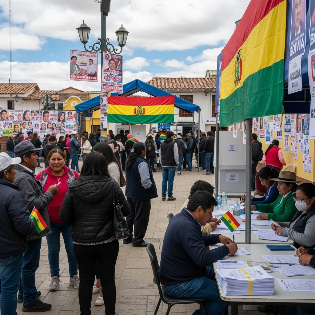 Bolivians preparing for presidential election with voting preparations, campaign materials, and citizens discussing politics. Democratic process scene in Bolivian context, realistic photography, no text