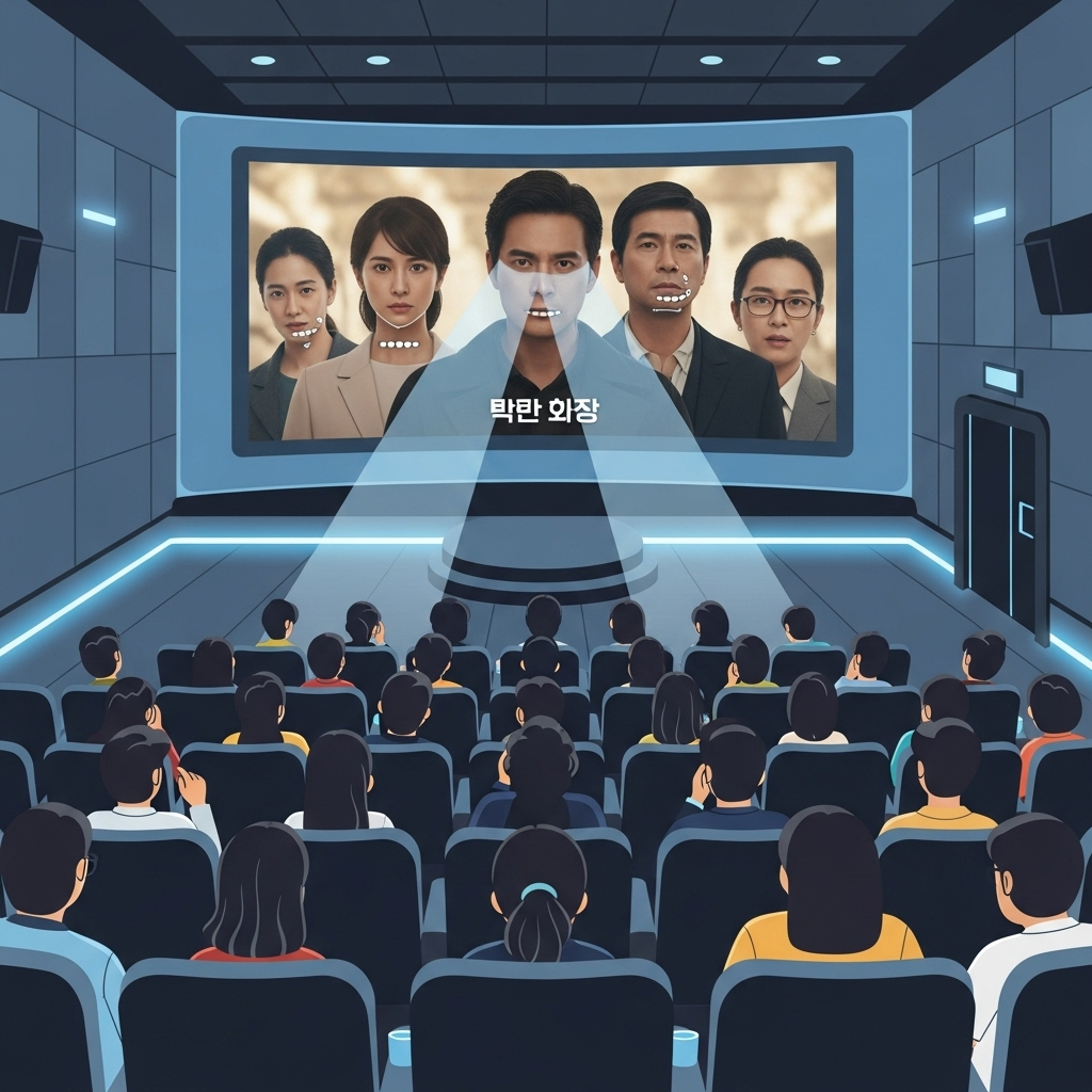 A futuristic movie theater screen displaying a foreign film being seamlessly dubbed into Korean with actors' lips perfectly synced, surrounded by diverse Korean audience members watching in amazement. Style: clean infographic with subtle cinematic lighting. No text in image.