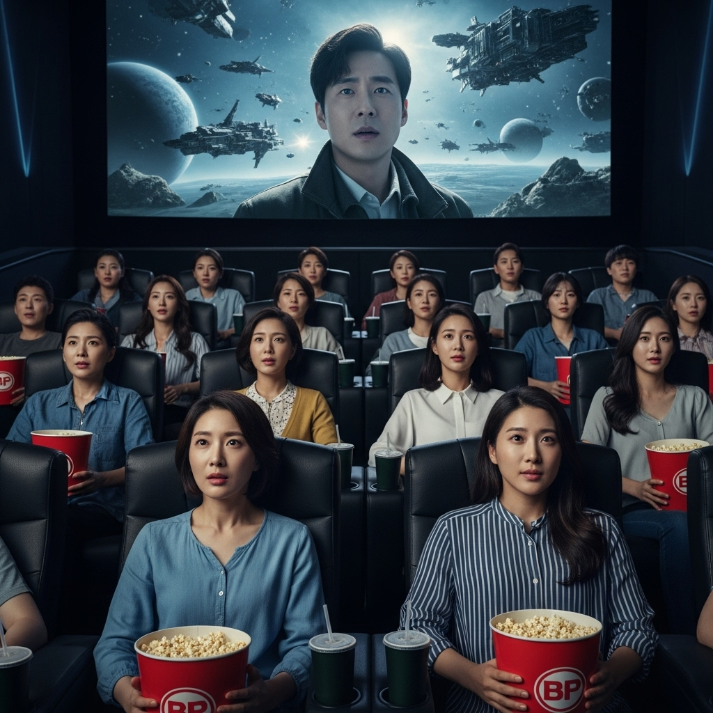 A diverse group of Korean people in a modern movie theater, watching a scene from a sci-fi film. The on-screen actors' lips appear perfectly synced to the Korean dialogue, showcasing the seamless AI dubbing technology. Style: lifestyle photography, cinematic lighting. No text.