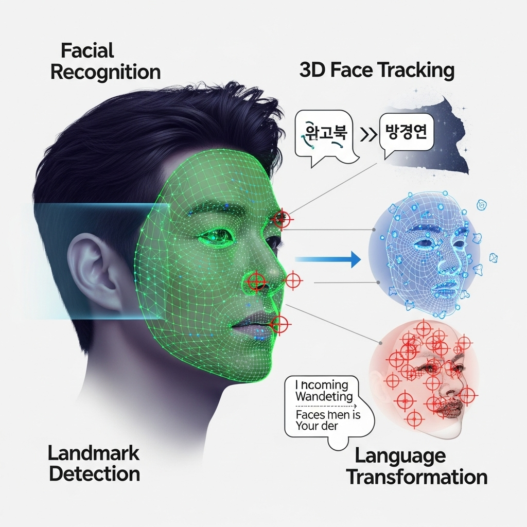 A dynamic clean infographic illustrating the core functions of Flawless's DeepEditor. Show facial recognition, 3D face tracking, and landmark detection technologies working in harmony on a Korean actor's face, with language transformation visually represented. Style: clean infographic with vibrant colors and clear labels. No text in image.