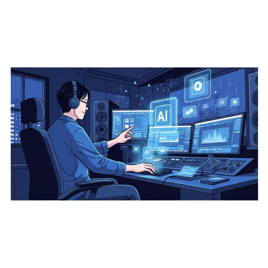 A Korean film director or editor sitting in a post-production studio, using a sophisticated computer interface with glowing visual elements representing AI tools. They are actively directing AI to enhance a film's dubbing and visual aspects, showing collaboration between human creativity and advanced technology. Style: modern, high-tech illustration. No text.