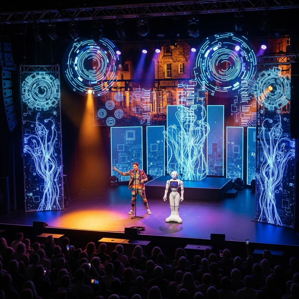 A vibrant illustration of a stage at the Edinburgh Festival featuring a performer with a humanoid robot and digital effects, showing the fusion of art and technology. No text, natural lighting, festival atmosphere.