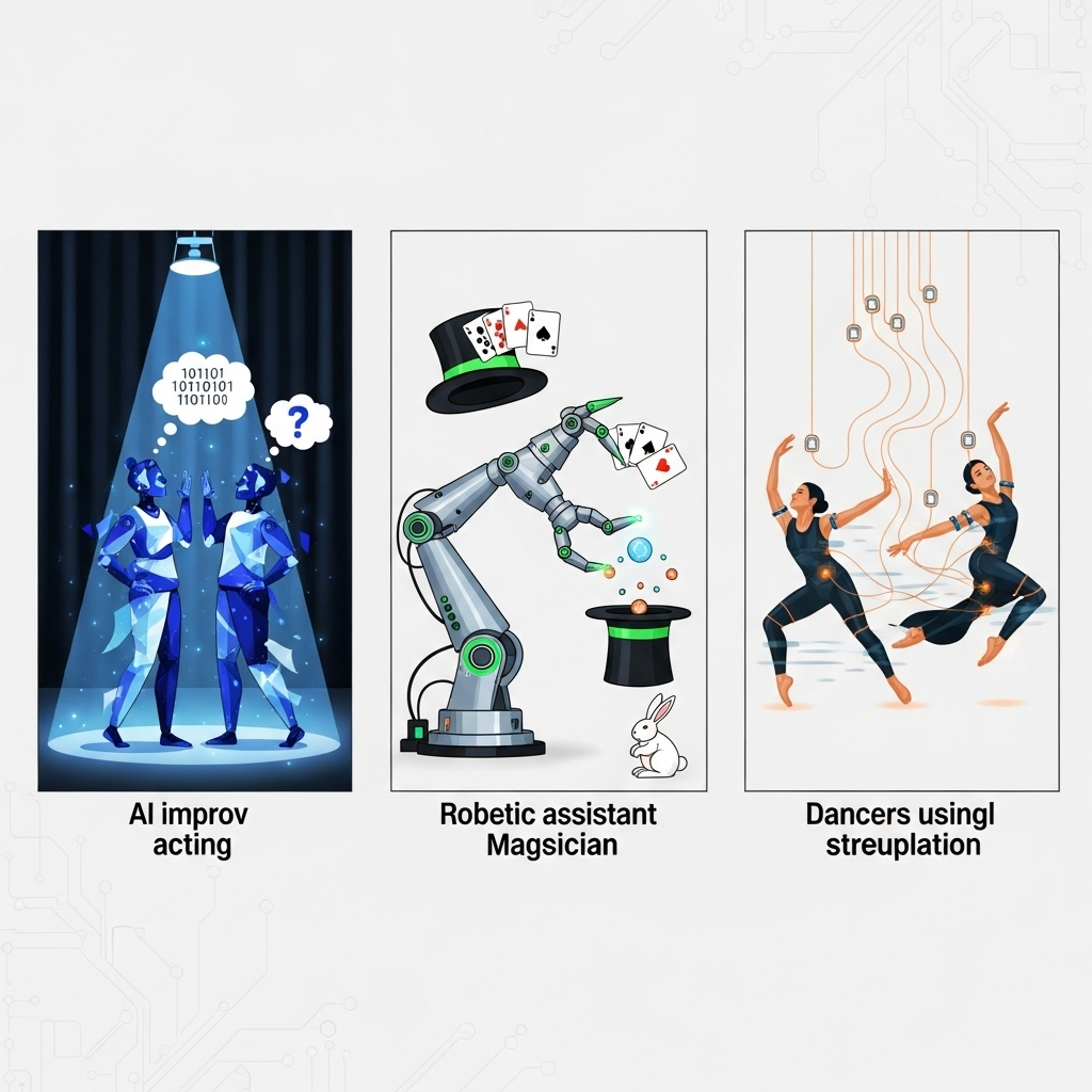 Infographic showing examples of tech-based performances—AI improv acting, robotic assistant magician, dancers using electrical stimulation. Clean design, no text.