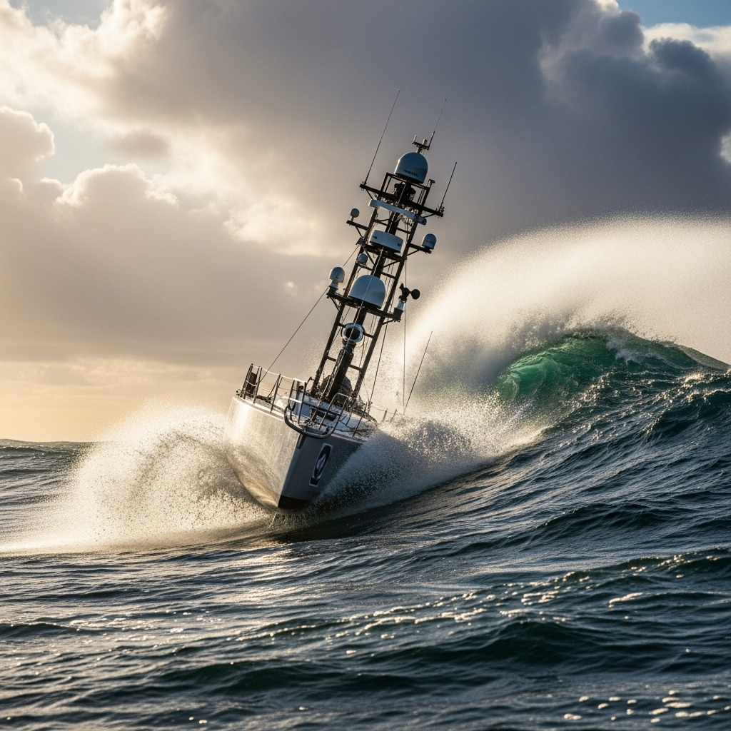 An advanced robotic sailboat, equipped with sensors, navigating through rough ocean waves under a dramatic sky. The scene is dynamic, highlighting the challenging environment and the robot's resilience. Style: realistic marine photography. No text.