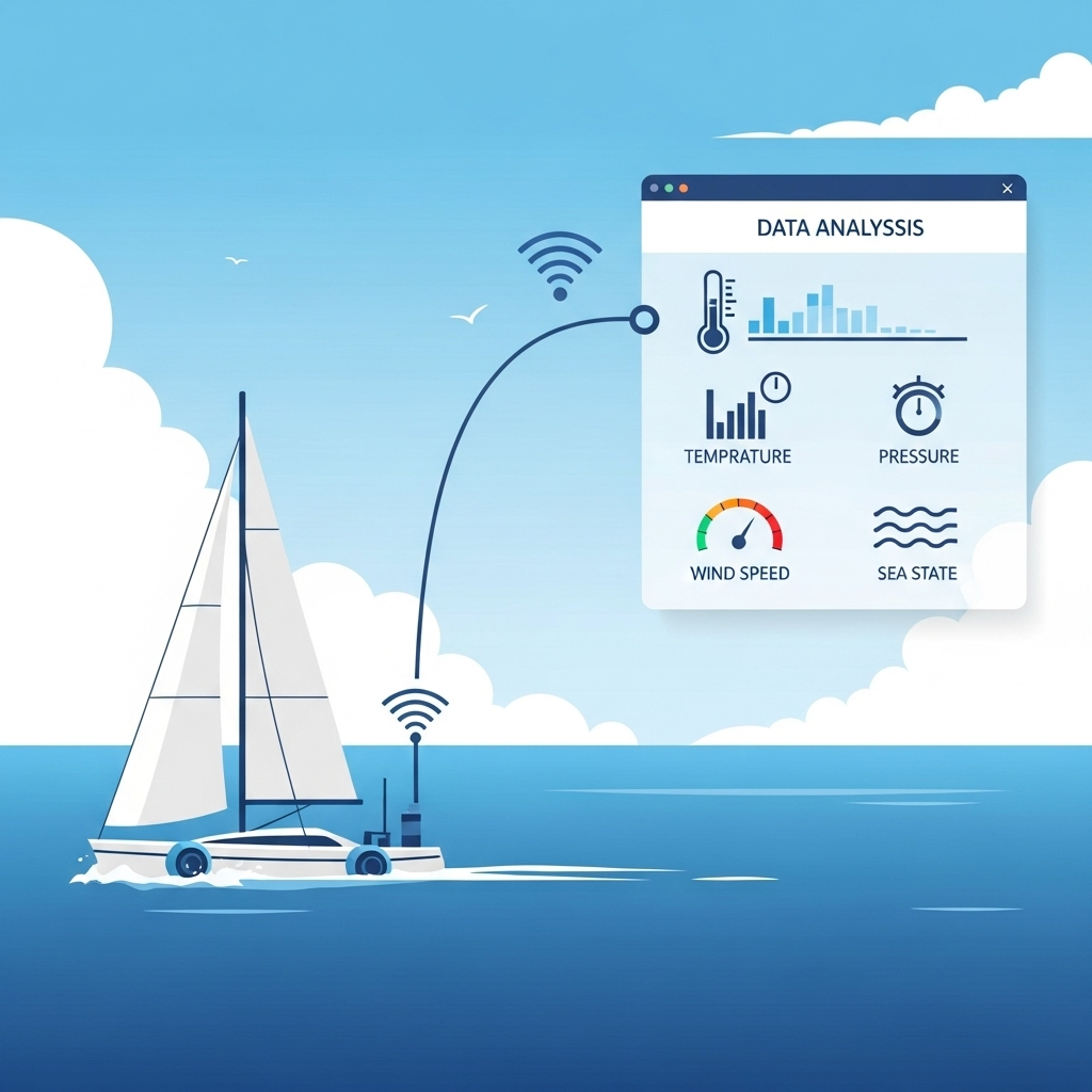 An infographic showing a robotic sailboat at sea, connected wirelessly to a data analysis dashboard on a computer screen. The dashboard displays various weather and ocean data points like temperature, pressure, and wind speed. Style: clean infographic with clear data visualization. No text.