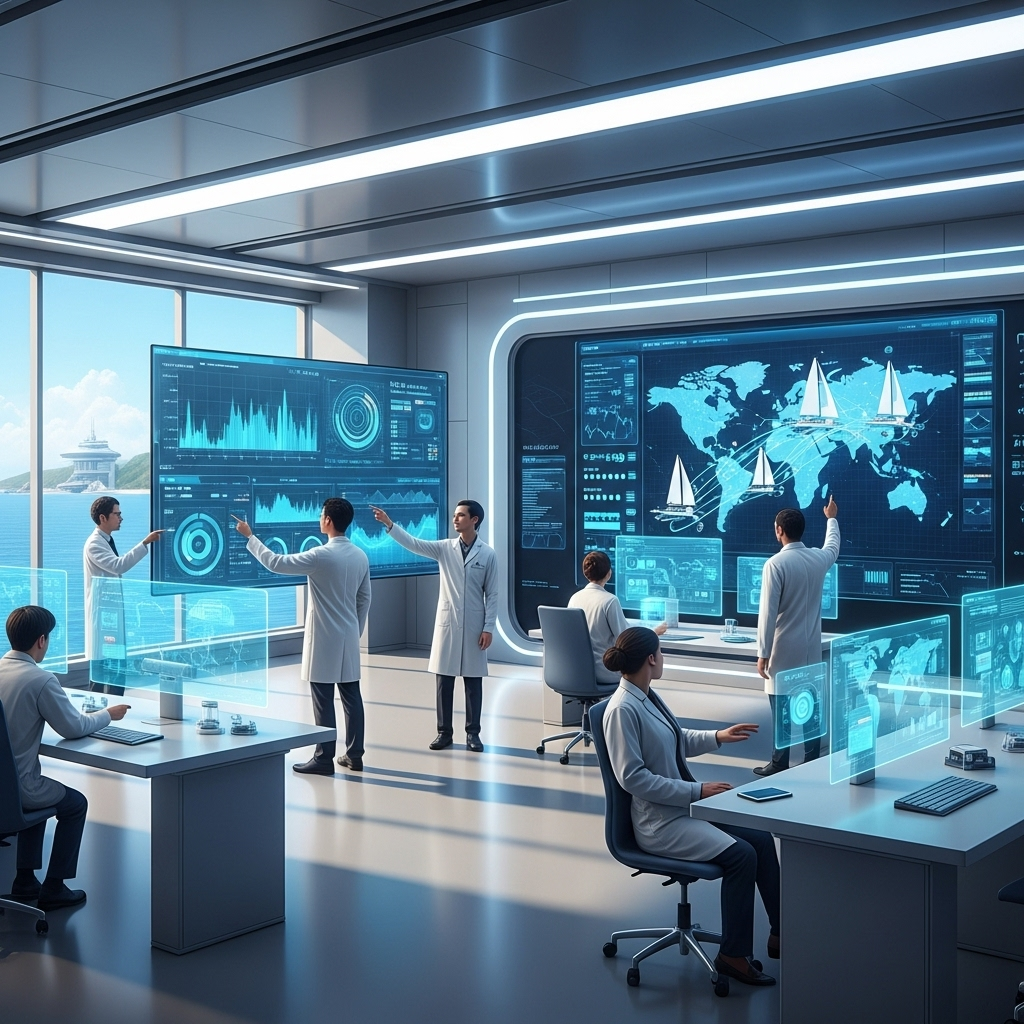 A modern, brightly lit marine research lab where scientists are collaboratively analyzing data displayed on large screens. One screen shows data coming from robotic sailboats. The atmosphere is collaborative and innovative. Style: futuristic and clean illustration. No text.
